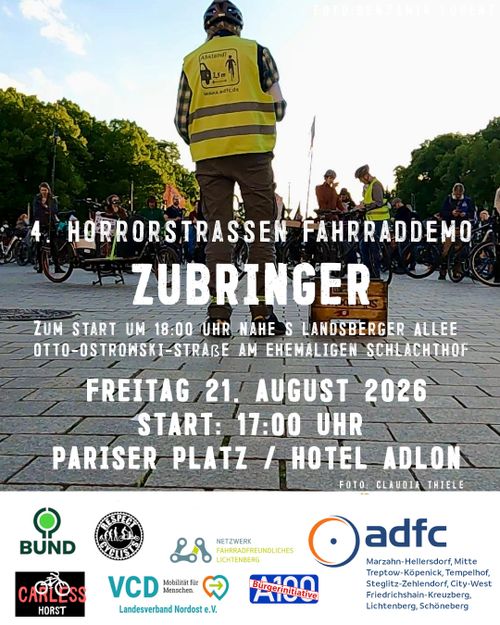 Sharepic zum "Zubringer" zur 4. Horrorstraßendemo am 21.08.2026 um 17 Uhr ab Pariser Platz / Hotel Adlon